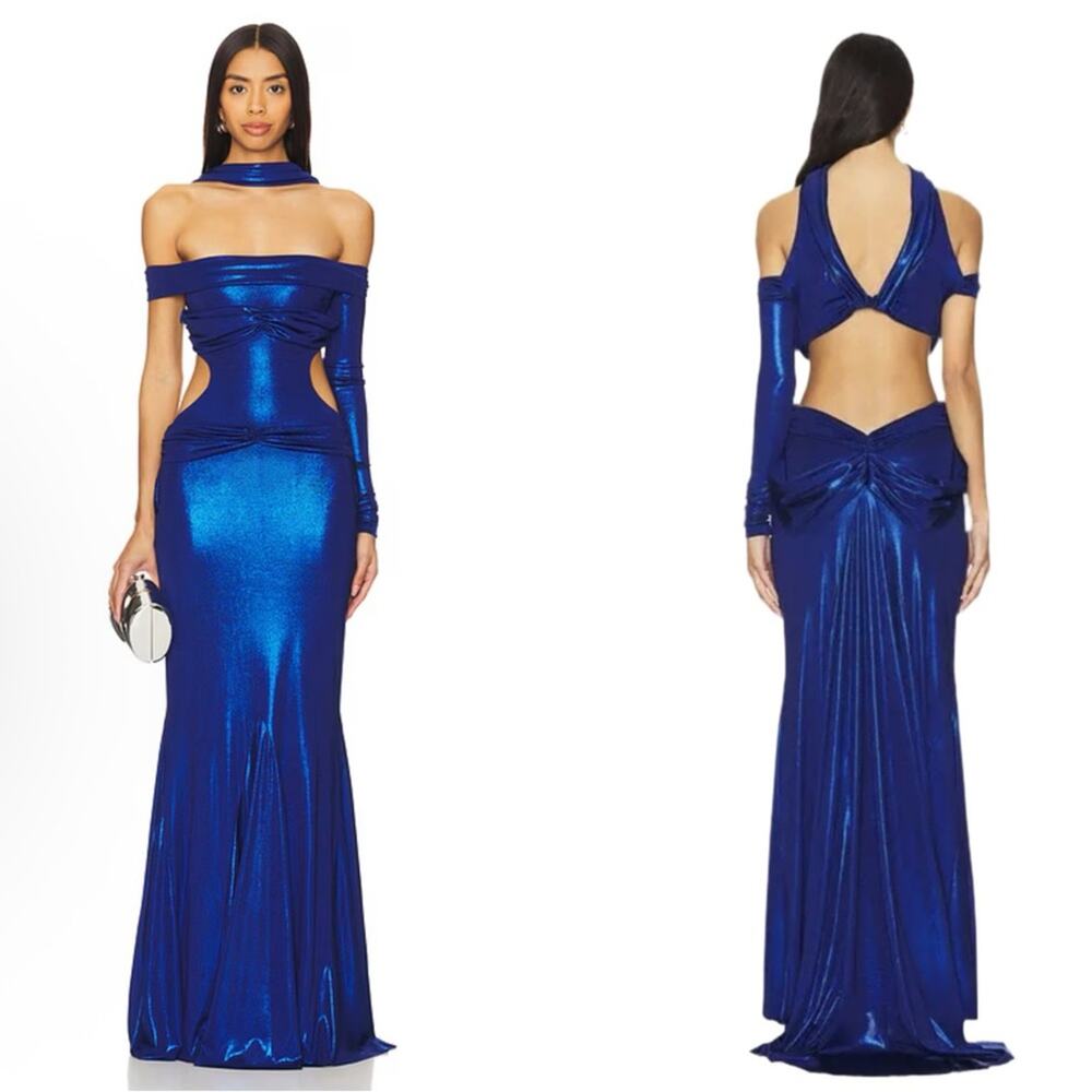 DI PETSA Moonlight Off the Shoulder Ruched Cutout Metallic Blue Maxi Dress Sz M